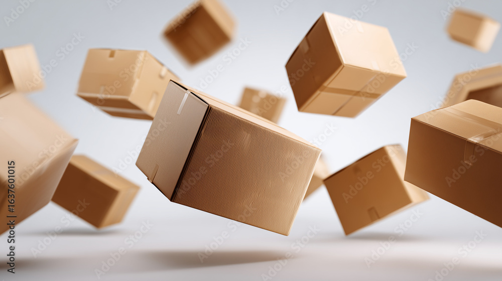 Poster floating packages: a dynamic display of cardboard boxes suspended in mid-air, symbolizing concepts o