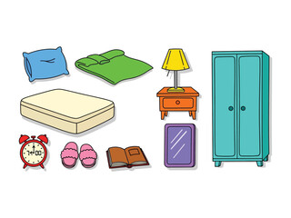 Bedtime Essentials: A cozy ensemble of bedroom essentials, meticulously illustrated. Each item is vibrant and inviting, designed to create a comfortable and relaxing atmosphere.