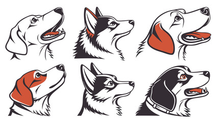 Naklejka premium Vector illustration of six dog head profiles looking up with different breeds.