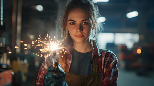 Woman in flannel shirt holding sparkler with sparks flying in a dark garage setting looking at the viewer