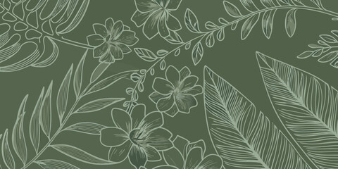 Elegant green floral pattern with delicate line art flowers and leaves