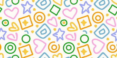 Playful abstract pattern with colorful hearts stars squares and circles