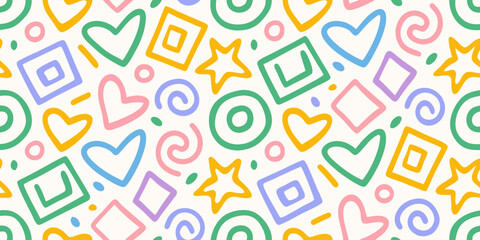Playful hand drawn geometric shapes and hearts seamless pattern