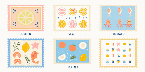 Collection of six cute illustrated postage stamps with food and sea themes