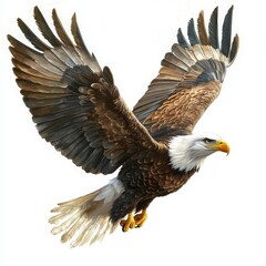 Obraz premium Majestic Eagle In Flight Against White Background Showcasing Wings and Feather Details