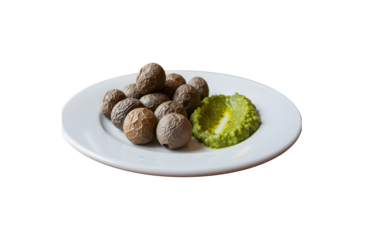 A local dish from the Canary Islands, Papas Arrugadas (wrinkly potatoes) served with Mojo verde green sauce on a white plate at a restaurant table.

