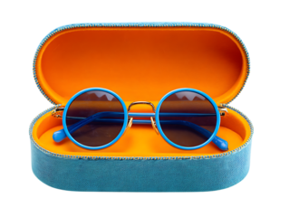 Round Blue Sunglasses in Orange Teal Case