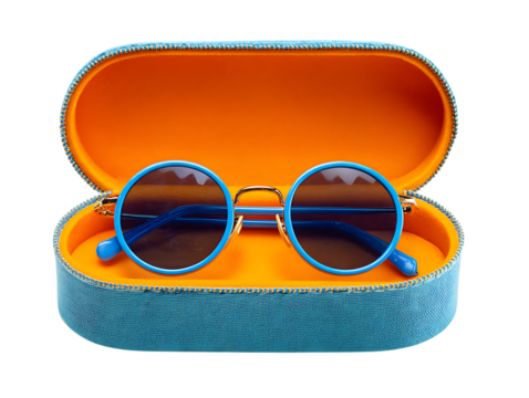 Round Blue Sunglasses in Orange Teal Case