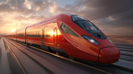Fototapeta premium Speeding Across the Horizon: A striking red high-speed train streaks across the landscape, evoking a sense of rapid transport and modern efficiency, under a dramatic sky.