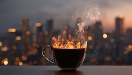 Fiery coffee in a glass cup, cityscape background