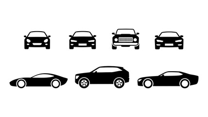 Collection of Black Car Icons Representing Different Vehicle Types and Styles for Automotive Design or Transportation Concepts