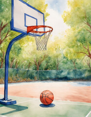 watercolor painting Basketball on an outdoor court under a sunny sky, hoop in the background, surrounded by lush green trees.