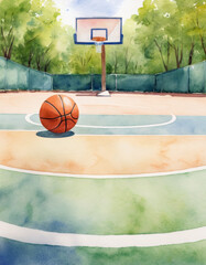 watercolor painting Basketball on an outdoor court under a sunny sky, hoop in the background, surrounded by lush green trees.