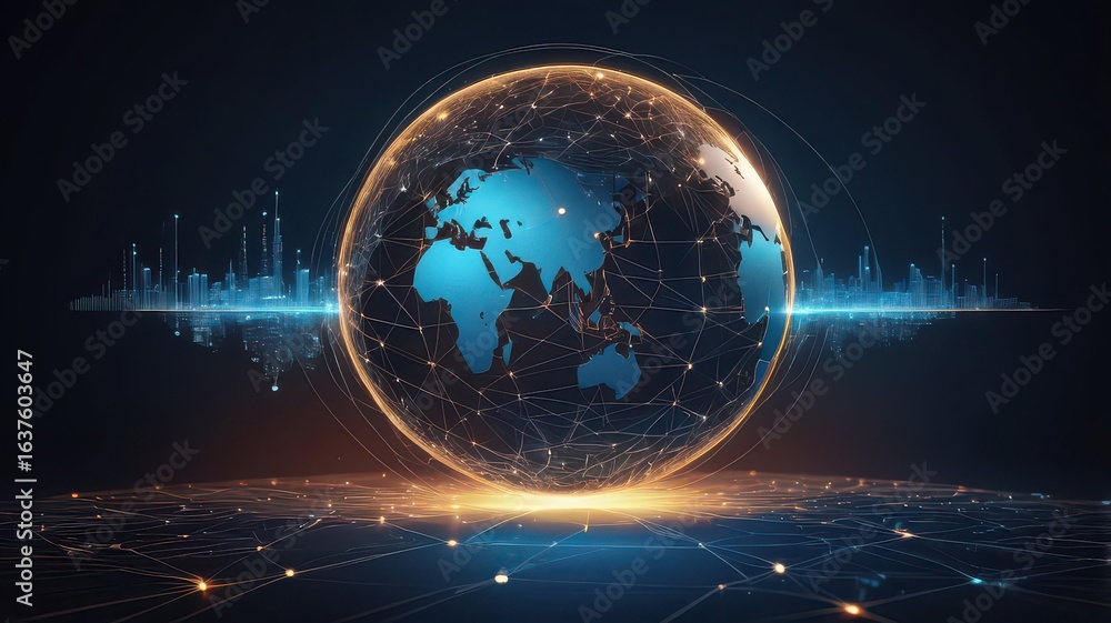 Poster a glowing earth globe with connected lines and a cityscape in the background on a dark backdrop