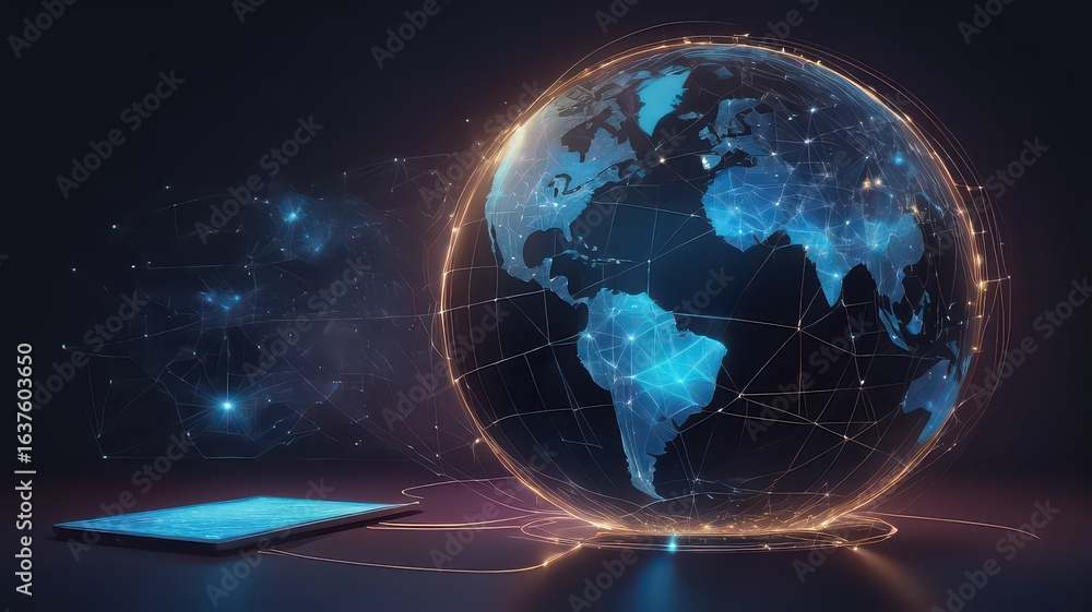 Poster glowing earth globe with network lines connected to a blue tablet on a dark surface backdrop