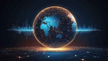 A glowing earth globe with connected lines and a cityscape in the background on a dark backdrop