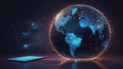Glowing earth globe with network lines connected to a blue tablet on a dark surface backdrop