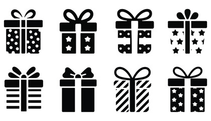 Gift Box Silhouette Vector Set with Bows and Decorative Patterns