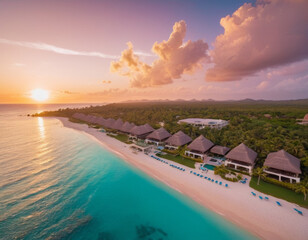 Luxurious tropical island resort at golden hour, turquoise ocean, white sand, palm trees, pristine pool, thatched villas, sunset in pink, gold, lavender, serene and high-end atmosphere.