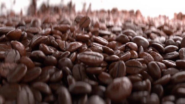 Dynamic Close Up of Glossy Brown Coffee Beans Cascade of Aromatic Energy and Texture in Inviting Roasted Scene