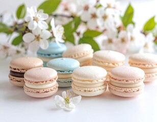 Obraz premium Pastel macarons arranged on a white surface with delicate cherry blossoms in the background