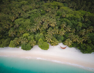 Luxurious tropical island resort at golden hour, turquoise ocean, white sand, palm trees, pristine pool, thatched villas, sunset in pink, gold, lavender, serene and high-end atmosphere.