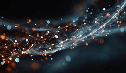 Abstract network of glowing points and lines, swirling in dark space