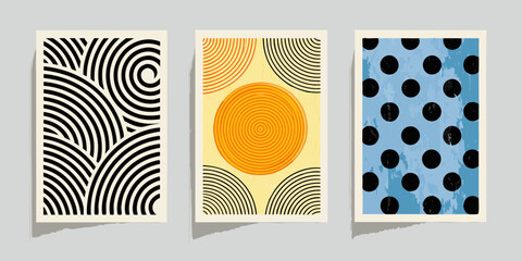 Set of three abstract geometric art prints with mid century modern style © Ramanath