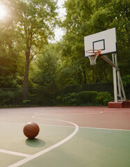 Basketball resting on an outdoor court with a hoop in the background on a sunny day, surrounded by green trees