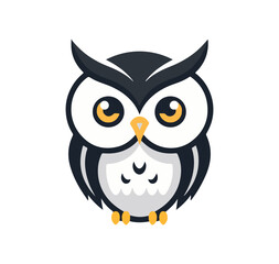 Illustration of a cartoon owl with big eyes and a yellow beak on a white background, owl logo, owl vector