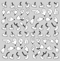 Retro cartoon legs and hands, Hands with gloves and feet with boots, various poses for characters, a set of poses, gestures, placement of hands and feet. hands and legs. black & white vector file