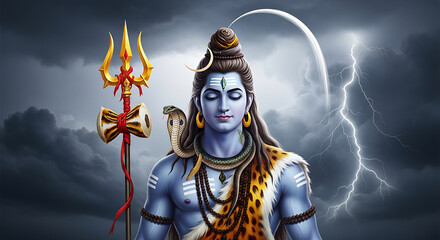 Blue skinned deity with snake and trident in stormy sky