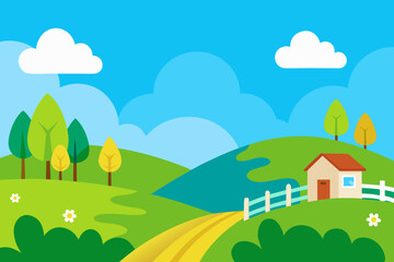 Fototapeta premium A vibrant cartoon village nestled in a sunny summer landscape with green fields and a blue sky full of puffy clouds