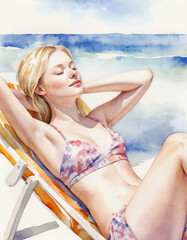 watercolor painting Young blonde woman relaxing on a beach lounger under the sun with eyes closed, enjoying summer serenity