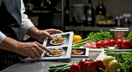 Chefs’ hands display delicious food photos on electronic tablet in professional kitchen, offering inspiration. Chefs’ hands showcase gourmet food photos among fresh produce: tomatoes, salad.