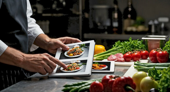 Chefs’ hands display delicious food photos on electronic tablet in professional kitchen, offering inspiration. Chefs’ hands showcase gourmet food photos among fresh produce: tomatoes, salad.