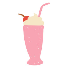 Hand Drawn Milkshake Icon. Playful Cold Drink with whipped cream straw and cherry in chalk and crayon with grunge texture for cafe designs. Vector illustration