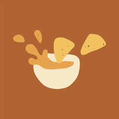 Hand Drawn Nachos Icon. Playful plate with cheese sauce in chalk and crayon sketch style with grunge texture. Vector illustration for cafe menus and snack designs