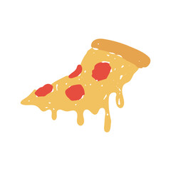 Hand Drawn Pizza Slice Icon. Playful Fast Food with melted cheese and pepperoni in crayon and chalk with grunge texture for menu design. Vector illustration