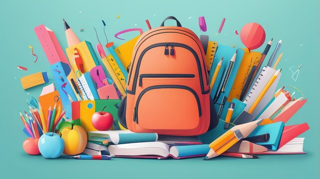 An orange backpack surrounded by school supplies on a light blue background illustration