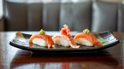 sushi on the plate at the tropical beach with palm tree