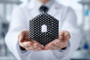 A scientist holds a 3D hexagonal structure of metallic spheres