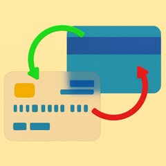 3D render of two credit cards with red and green arrows showing financial transaction or money transfer process, symbolizing payment, refund, and account-to-account exchange on a beige background.
