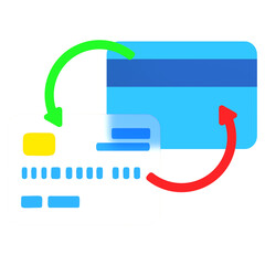3D illustration of two credit cards with red and green arrows indicating money transfer or transaction between accounts, representing payment, refund, and financial exchange concepts.