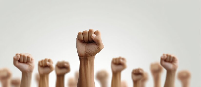 Hands raising fists in unison, symbolizing protest and the fight for equal rights and opportunities, showcasing strength and solidarity