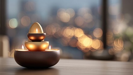Golden candles stacked in tiered bowls on a wooden table, city lights bokeh background