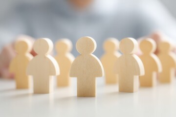 Manager selecting the ideal candidate among wooden figures representing people, illustrating the recruitment process in human resources