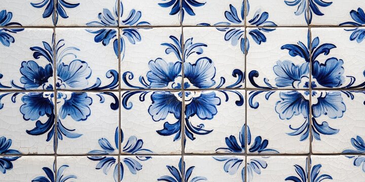 Delicate blue floral patterns on white glazed Victorian-style mosaic tiles