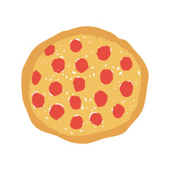 Hand Drawn Whole Pizza Icon. Fun Fast Food Vector illustration with pepperoni in chalk and crayon style with grunge texture for menu design.