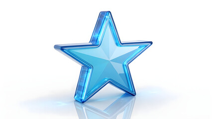 Obraz premium Shiny 3D Blue Glass Star Icon with Glossy Transparent Edges and Reflection on White Background